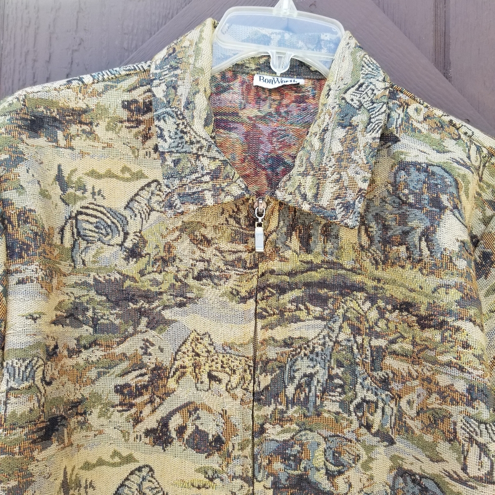 Vtg 80s Bonworth Tapestry Jacket Safari Animal Print Zip Up L/XL